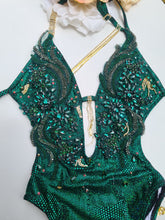 Load image into Gallery viewer, Green couture onepiece swimsuit with real Austrian crystals - KoKo AustraliaGreen couture onepiece swimsuit with real Austrian crystalsKoKo Australia