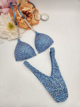 Load image into Gallery viewer, Stunning ice blue rhinestone bikini with premium blue crystals and iridescent sparkle, designed for bikini fitness and figure competitions - figure suit