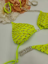 Load image into Gallery viewer, Neon green bikini top with rhinestone details on a white background