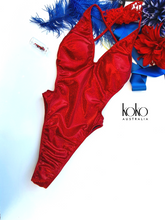 Load image into Gallery viewer, Red shimmer One Piece Swimsuit rental (includes deposit)