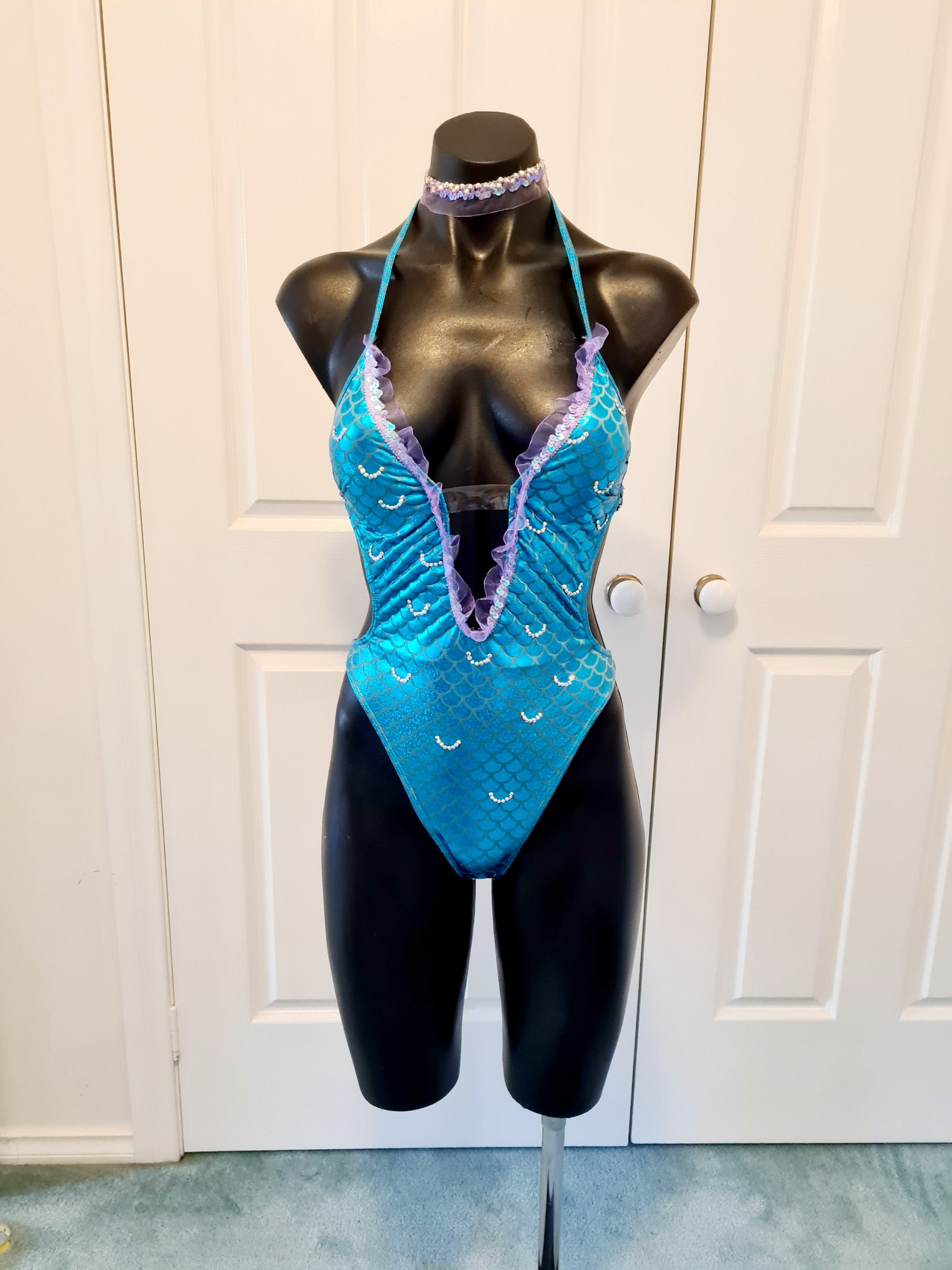 Mermaid onepiece swimsuit with crystal scales and lilac trim