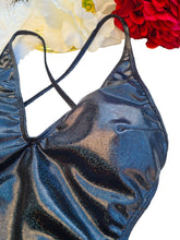 Load image into Gallery viewer, Charcoal / Navy One Piece Swimsuit with lace and multicoloured crystal

