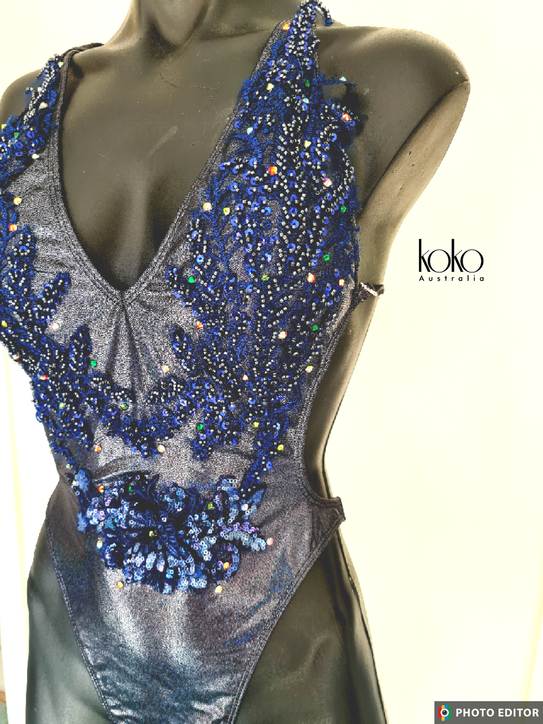 Charcoal / Navy One Piece Swimsuit with lace and multicoloured crystal