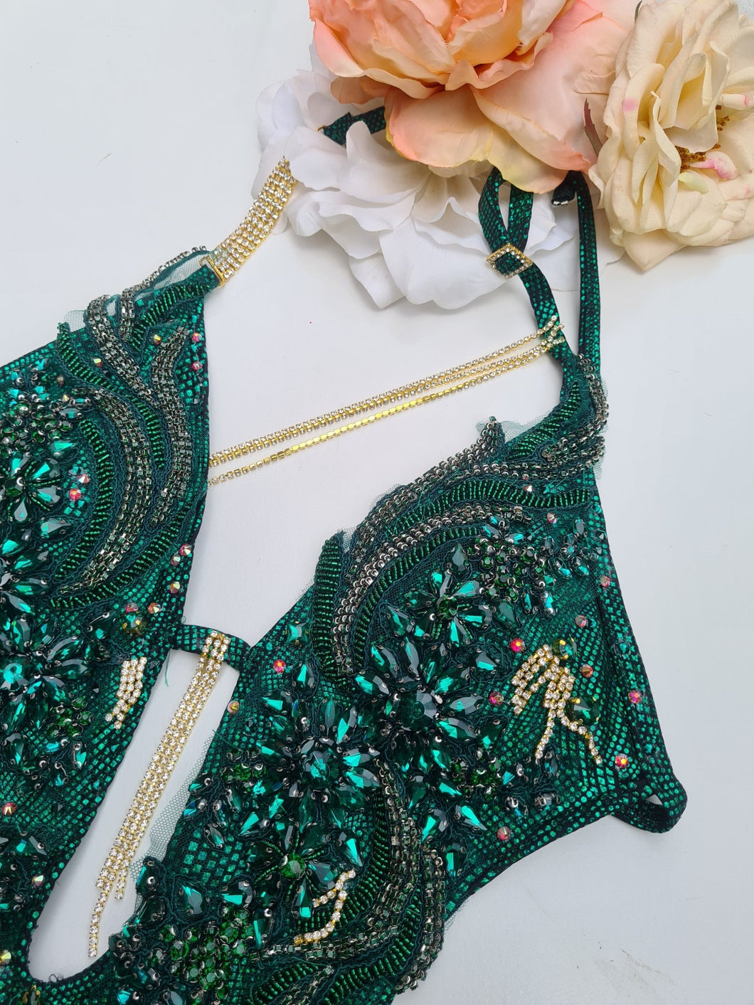 Green couture onepiece swimsuit with real Austrian crystals - KoKo AustraliaGreen couture onepiece swimsuit with real Austrian crystalsKoKo Australia