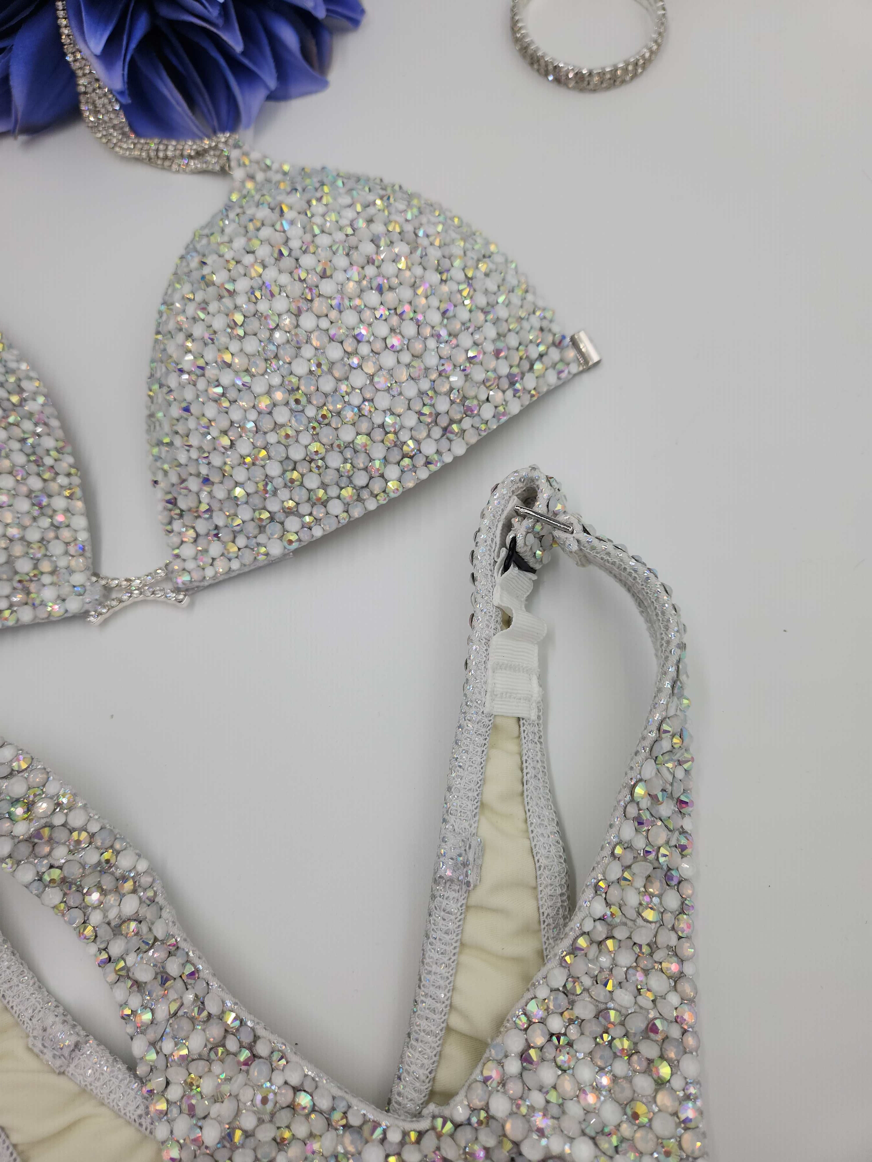 ilver holographic rhinestone competition bikini covered in iridescent AB crystal