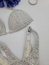 Load image into Gallery viewer, ilver holographic rhinestone competition bikini covered in iridescent AB crystal
