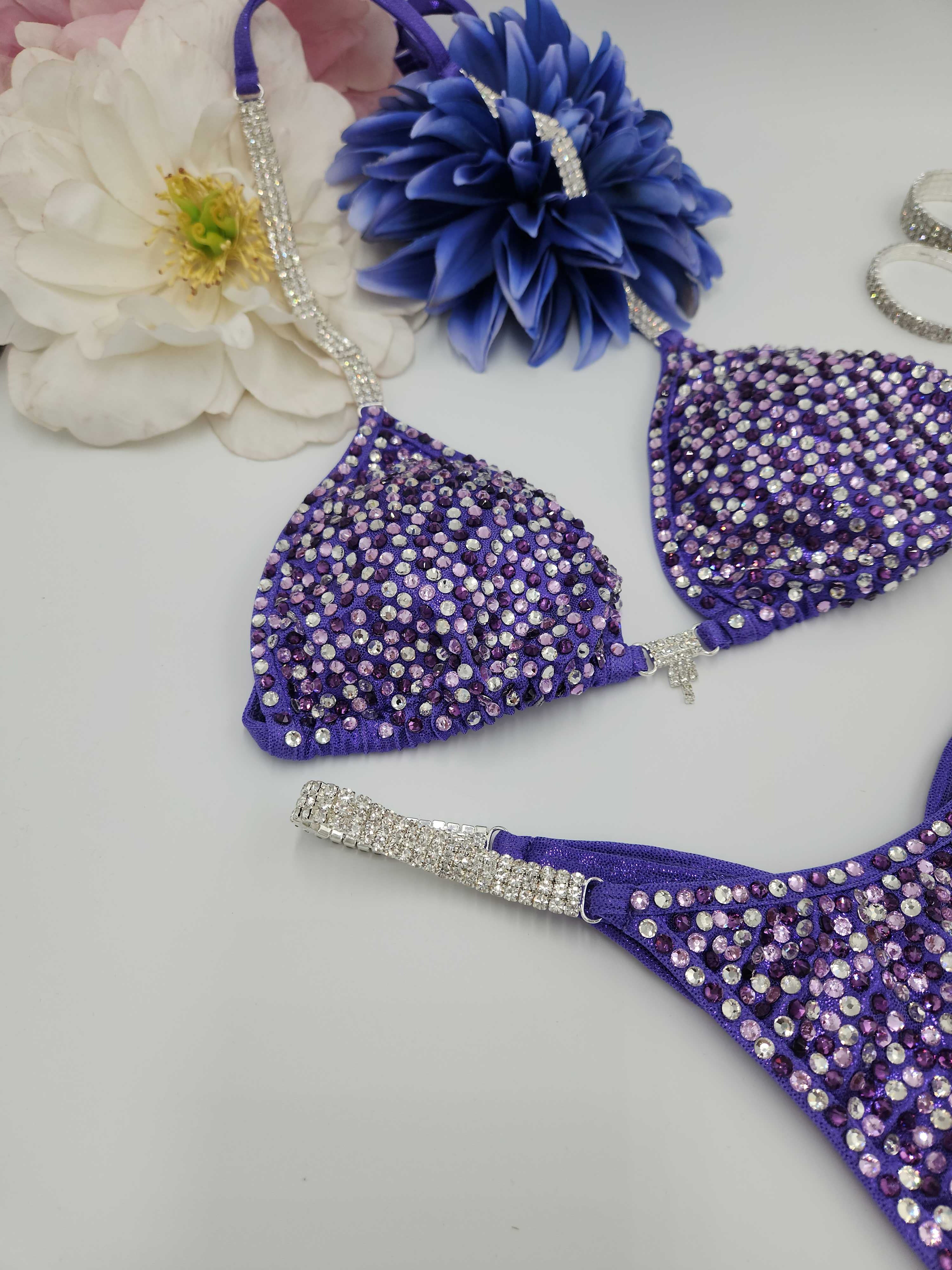 Lilac purple rhinestone competition bikini heavily embellished with crystals