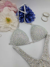 Load image into Gallery viewer, ilver holographic rhinestone competition bikini covered in iridescent AB crystal
