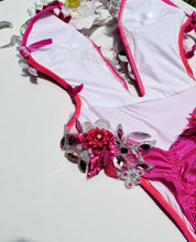 Load image into Gallery viewer, Hot pink floral swimsuit with swarovski crystals
