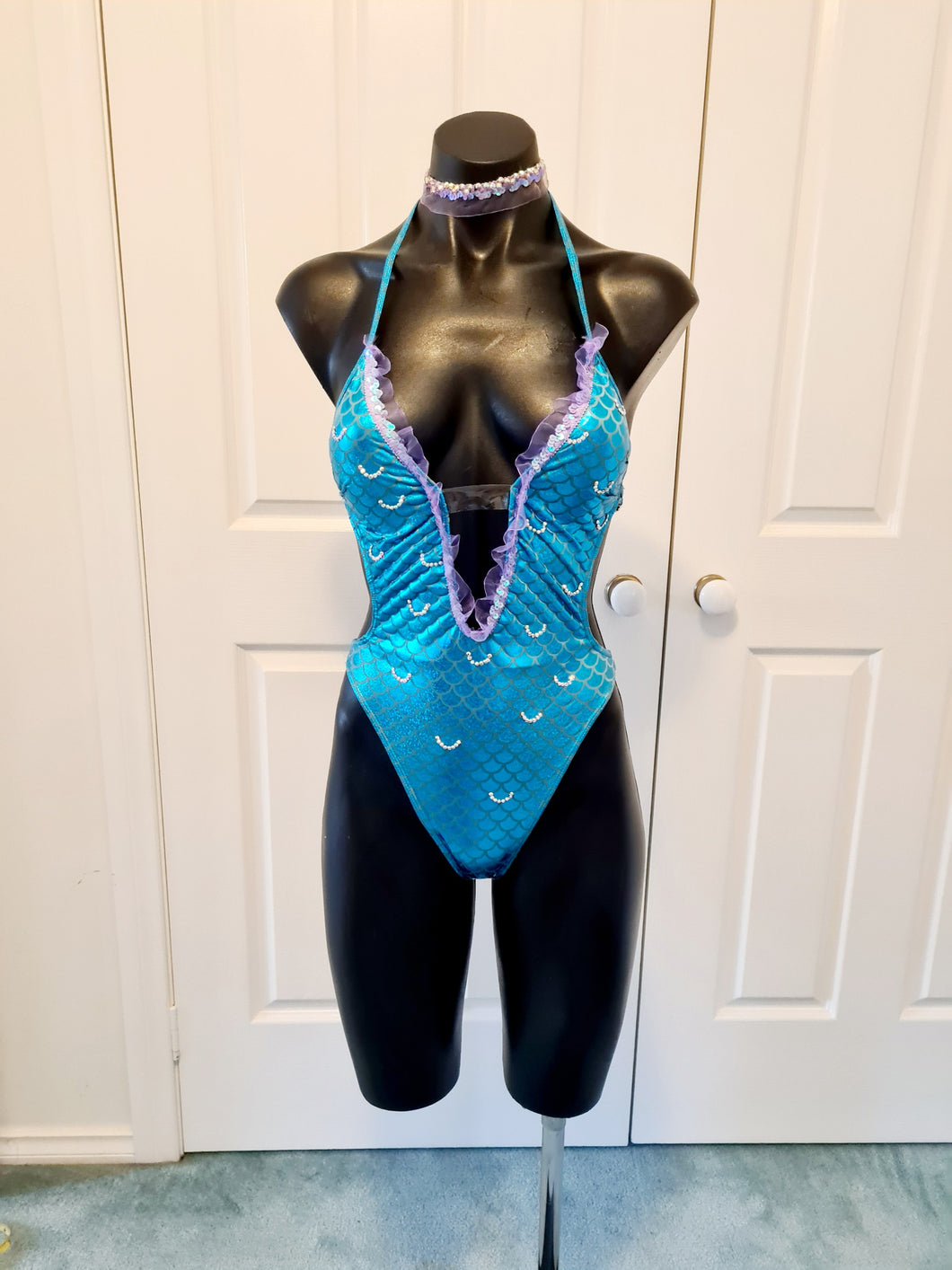 Mermaid onepiece swimsuit with crystal scales and lilac trim - stage wear
